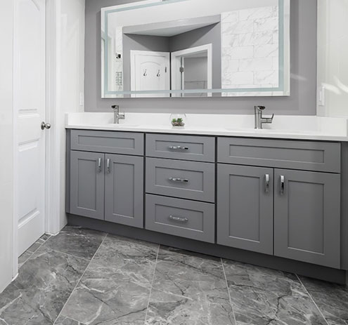 Custom bathroom cabinets and drawers installed in Cedar Park, TX 1. Variety of cabinet door styles and finishes in a Cedar Park bathroom
