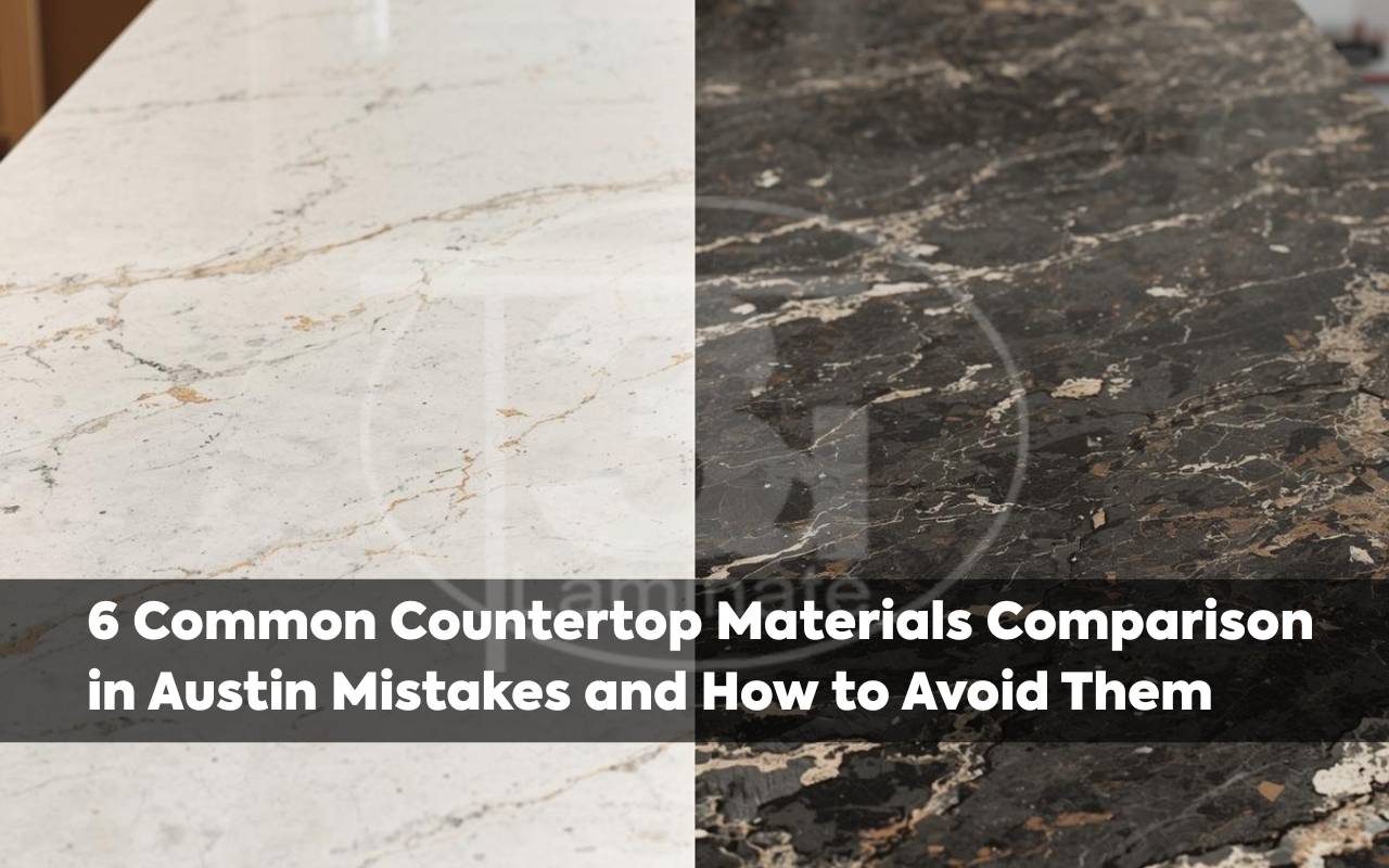 Quartz vs granite island used for a countertop materials comparison in Austin kitchen remodel.