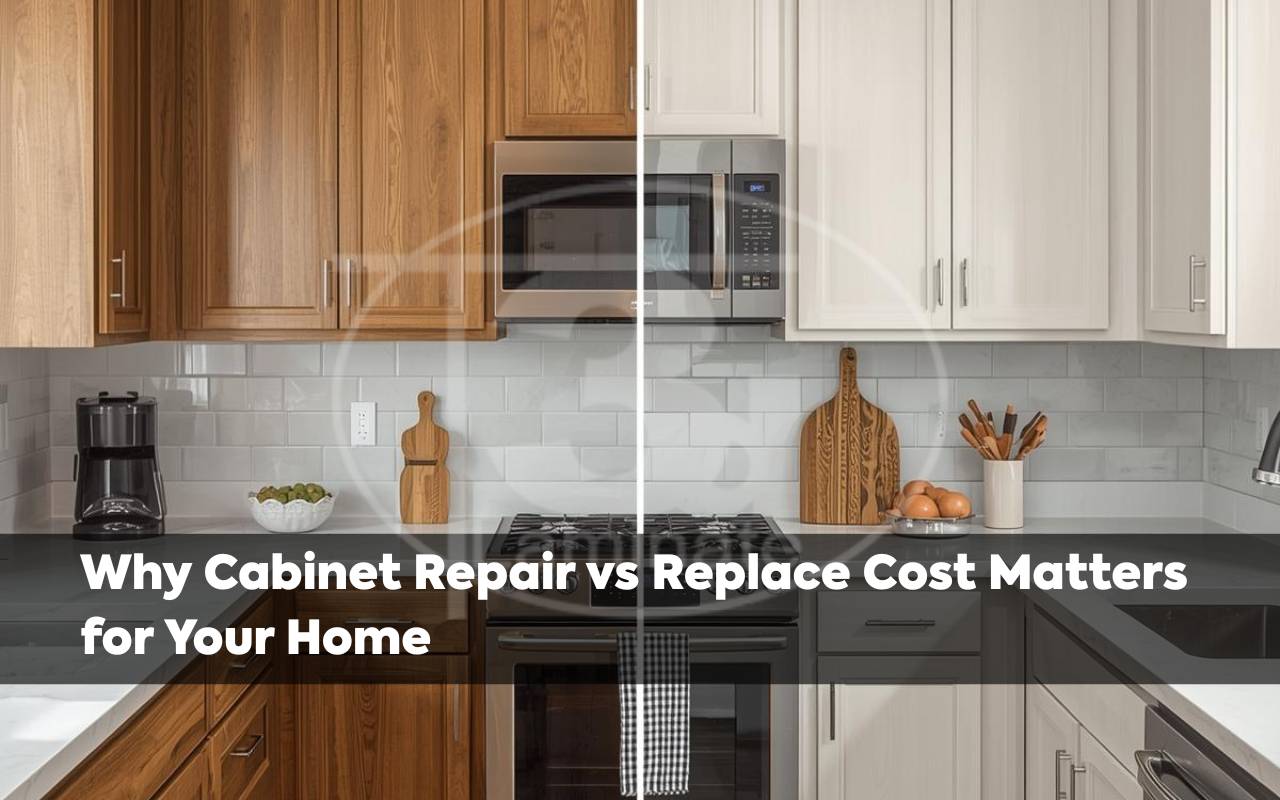 Side-by-side view showing repaint vs reface cabinets to highlight cost differences