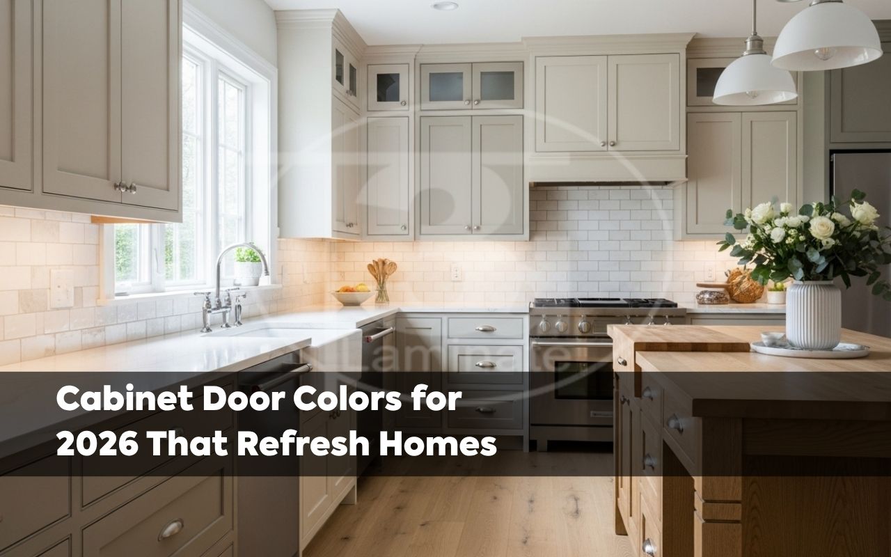 Warm neutral cabinet door colors for 2026 in a bright kitchen